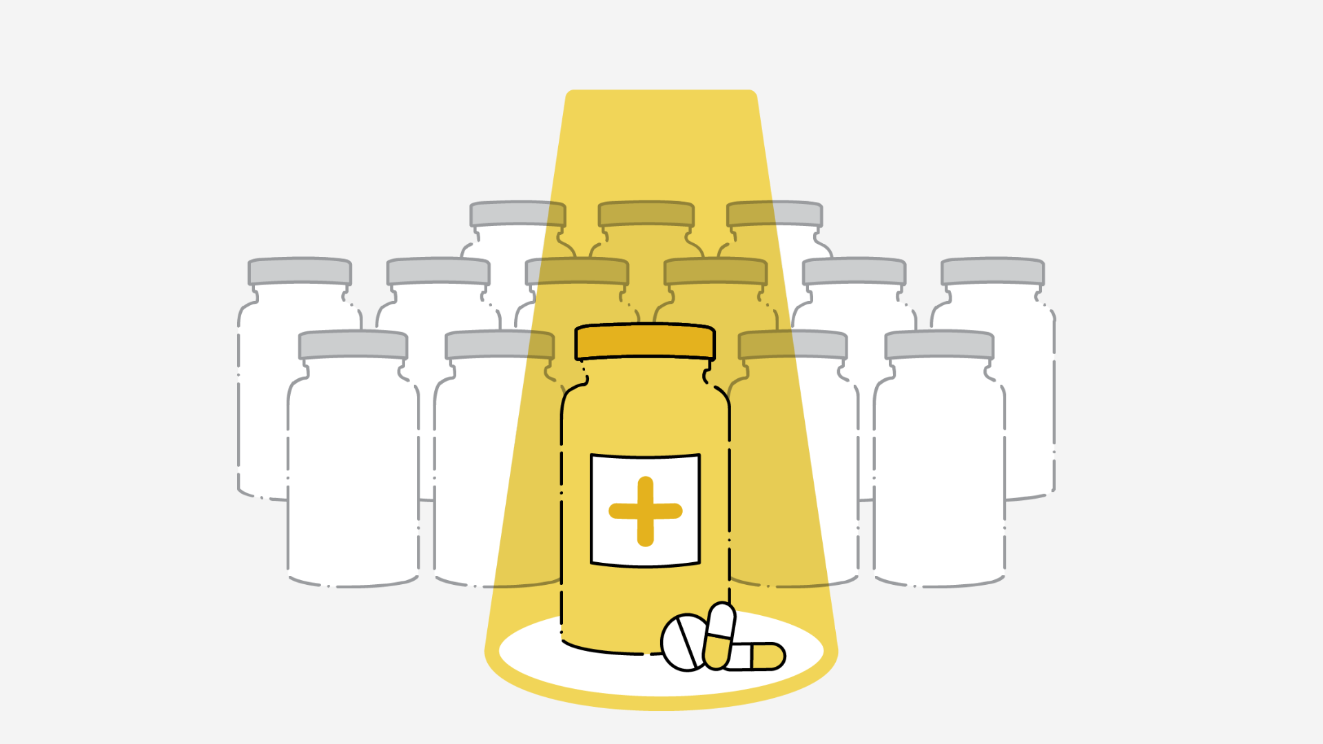 A visual of a group of pill bottles with a yellow spotlight on the one at the front. The title beneath reads "Understanding market opportunities to create compelling product value communications", with a subtitle reading "Understanding market opportunity to effectively communicate its early value proposition to various stakeholders." A clickable button reads "View case study".